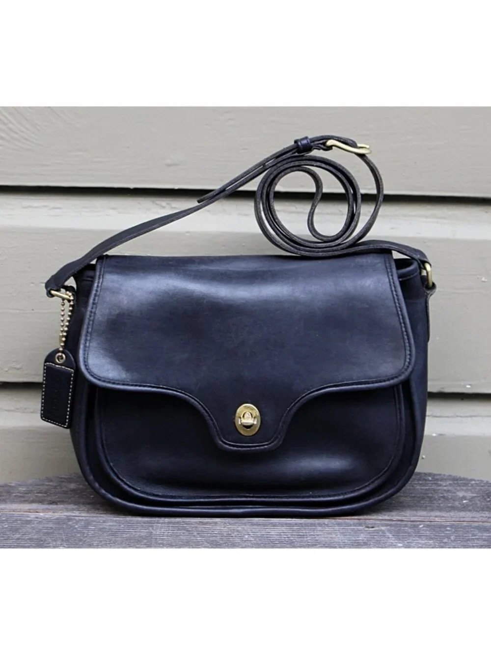 Coach Vintage - Lenox Crossbody Bag 9918, Black + Brass Turnlock, USA 1980s